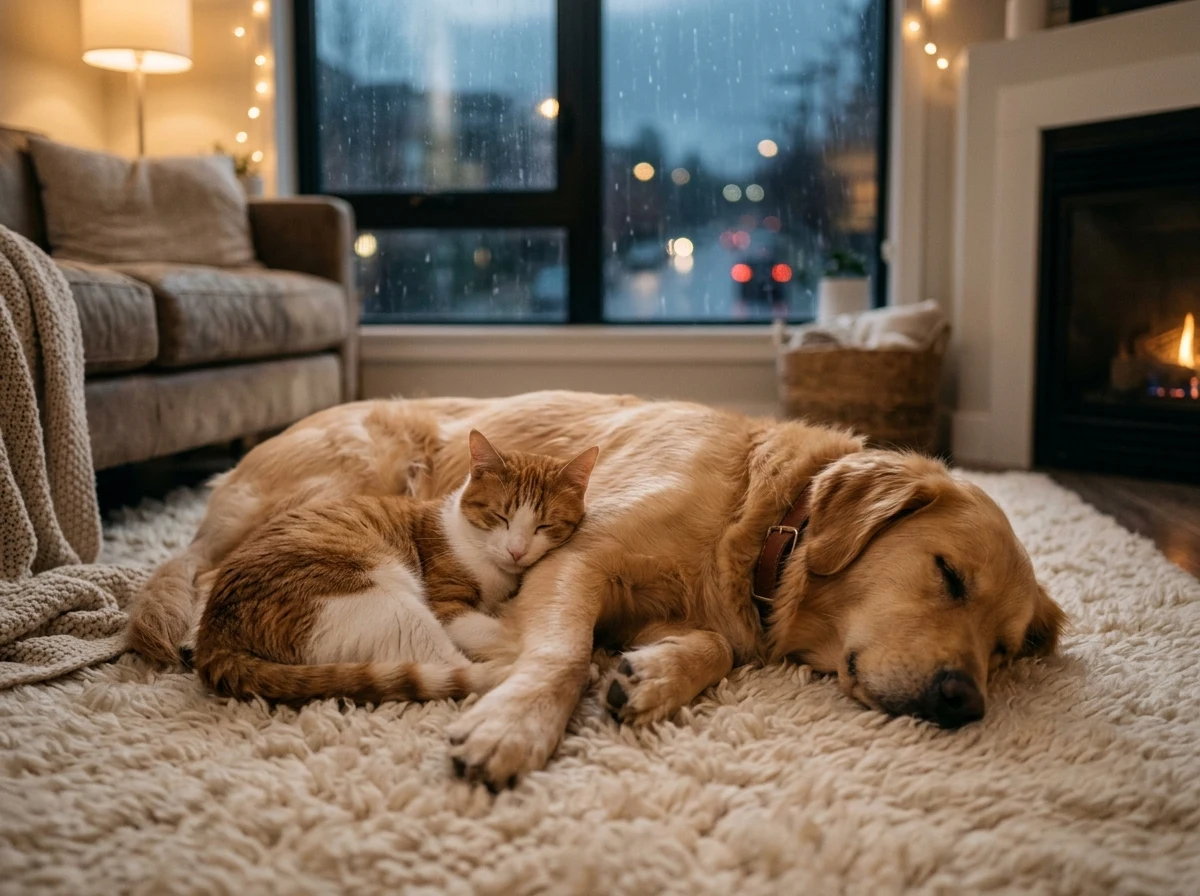 Perro y gato descansando tranquilos en casa