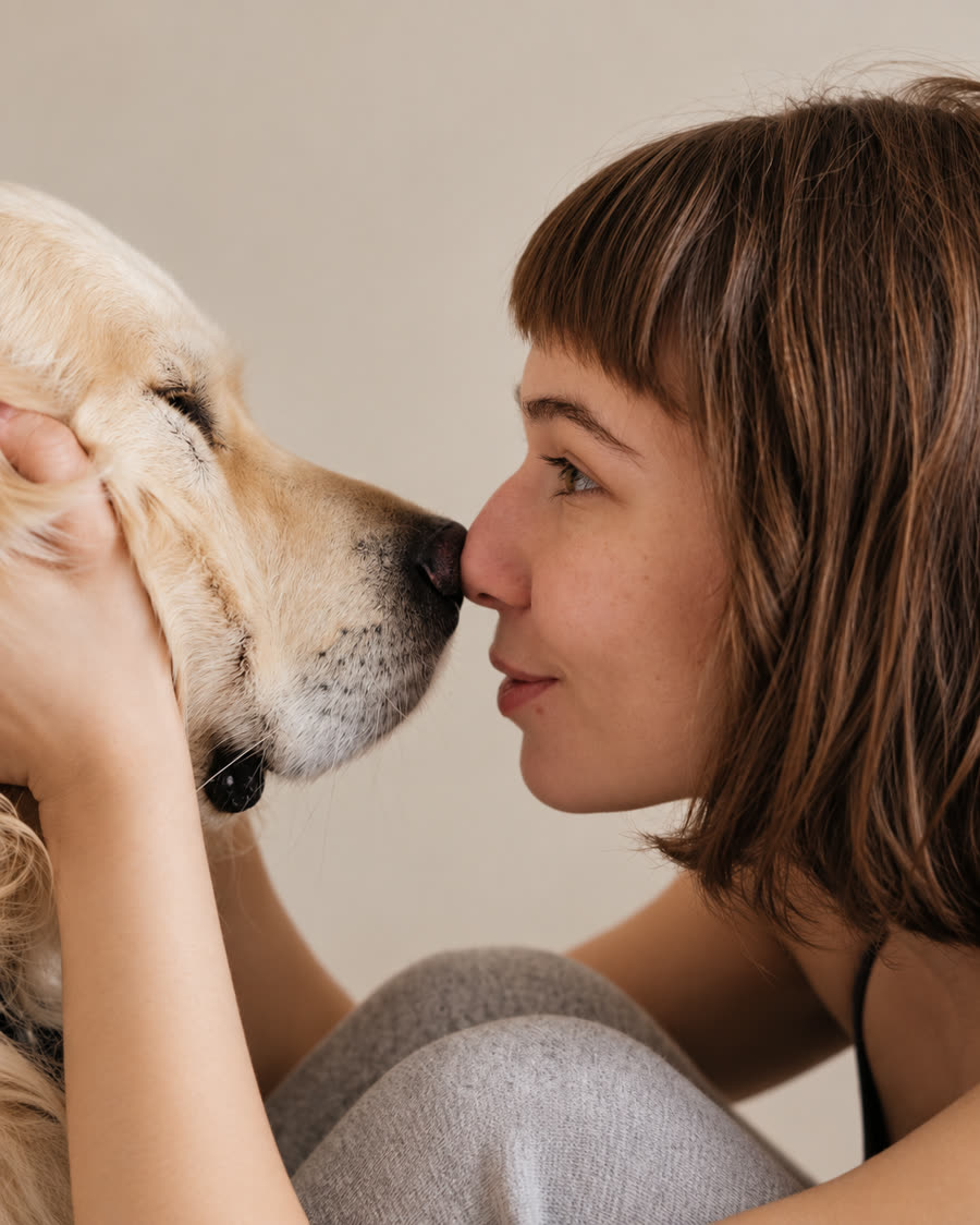Mujer y su perro golden retriever frente a frente con serenidad