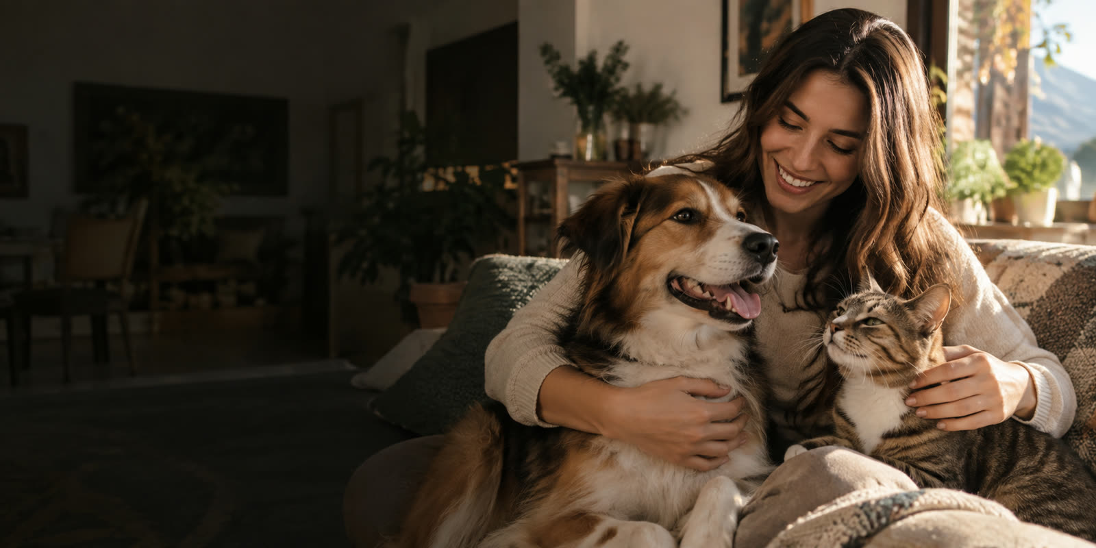 Persona en casa junto a su perro y su gato