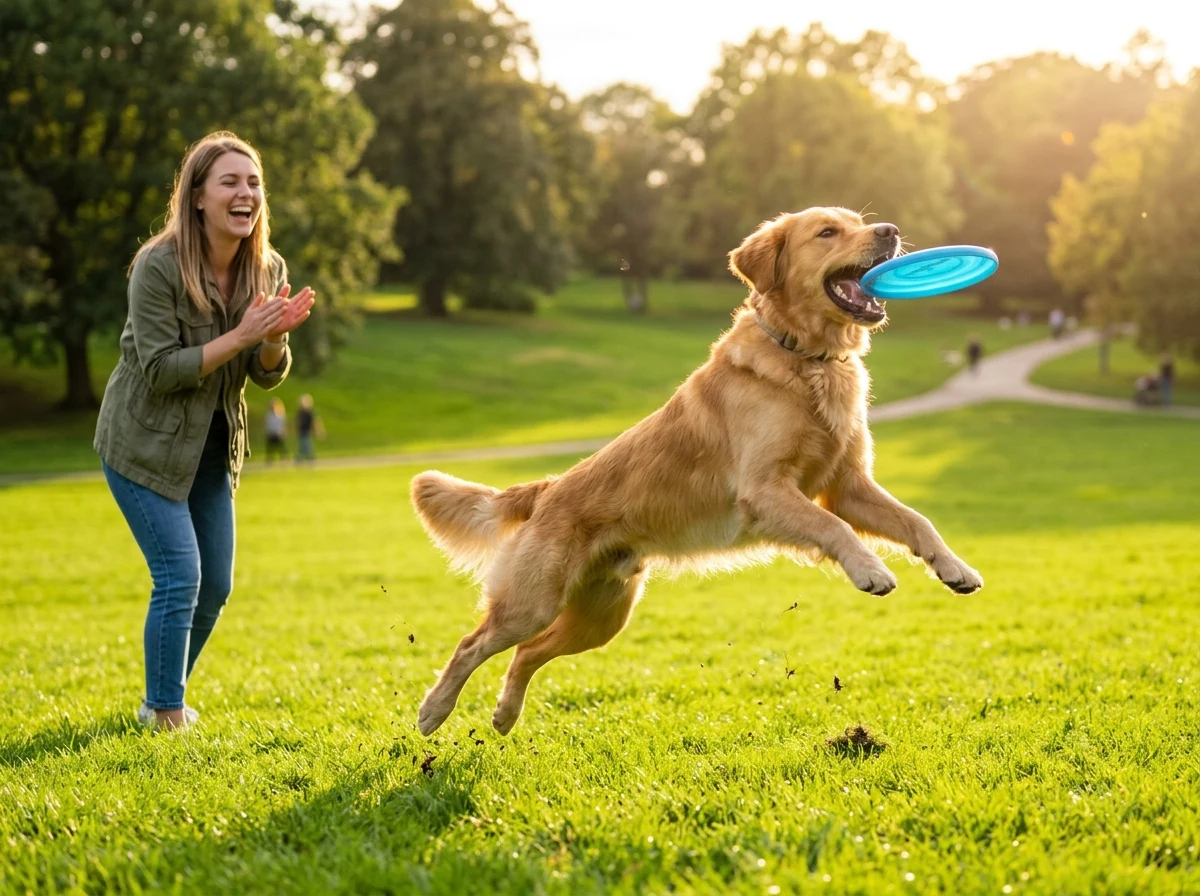 Perro ágil y lleno de energía jugando en el parque con su dueña